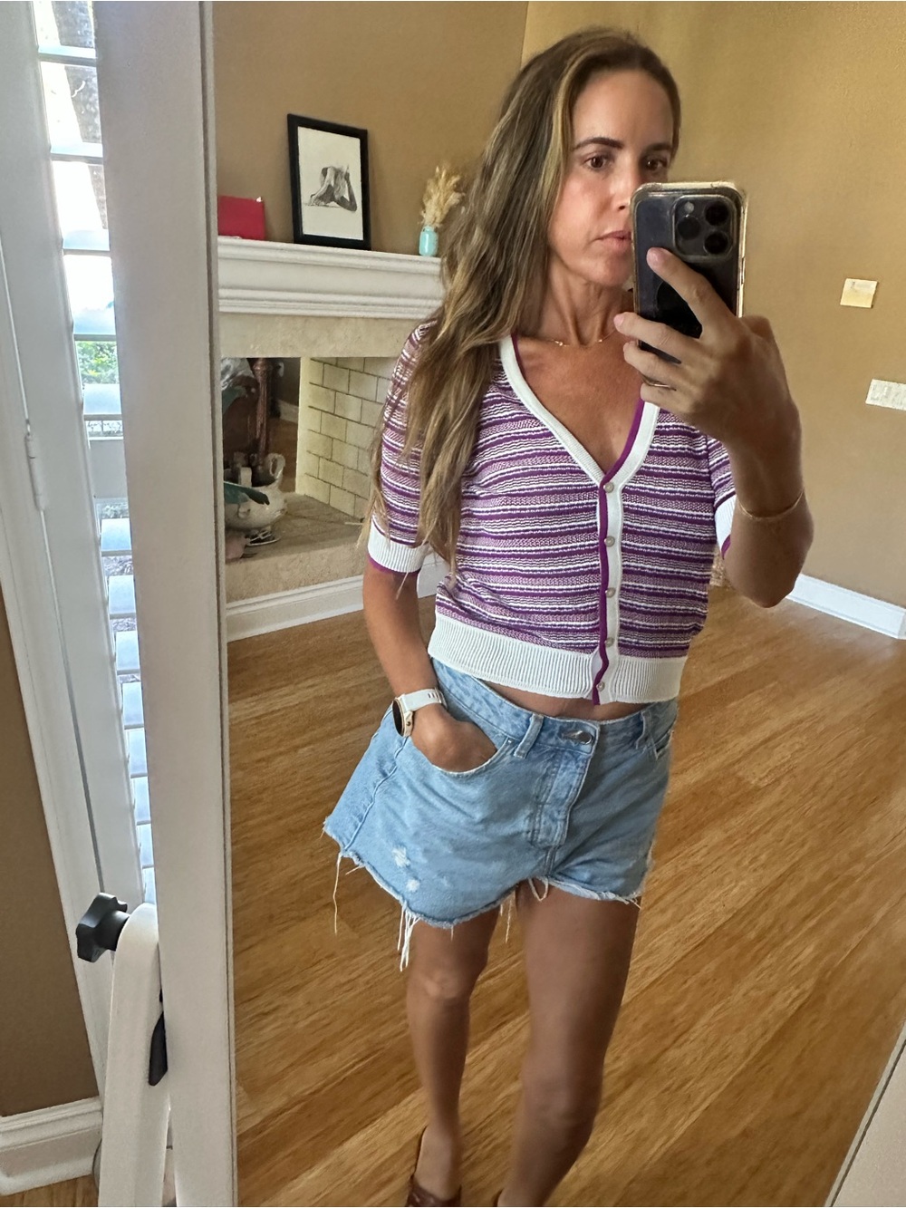 Veronica Beard Purple and White Striped Cropped Button-Front Top